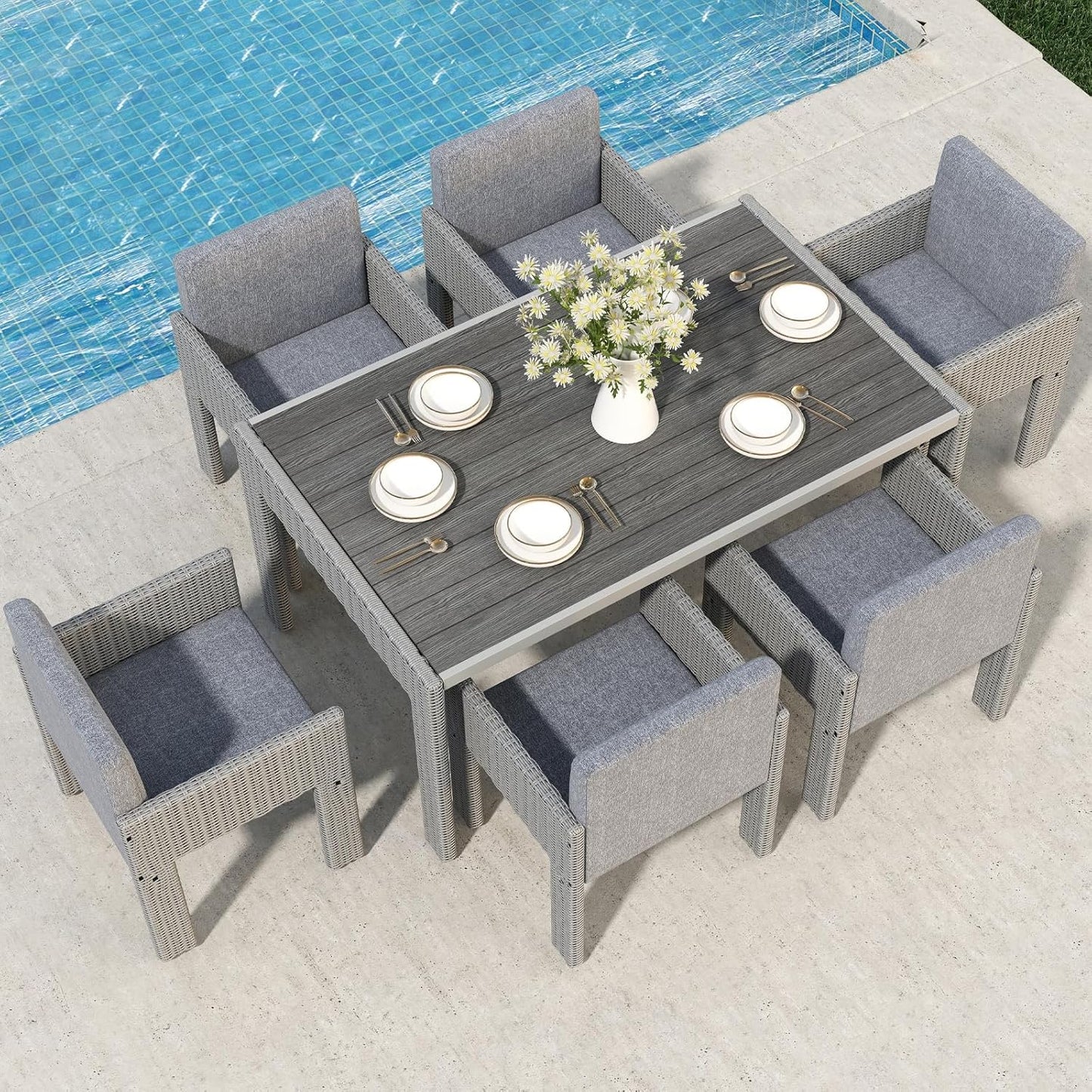 7 Piece Patio Dining Set, Outdoor Dining Furniture Set with Large Table, PE Wicker Patio Dining Set of 6, Outdoor Table and Chairs for Garden, Yard, Backyard, Poolside, Grey