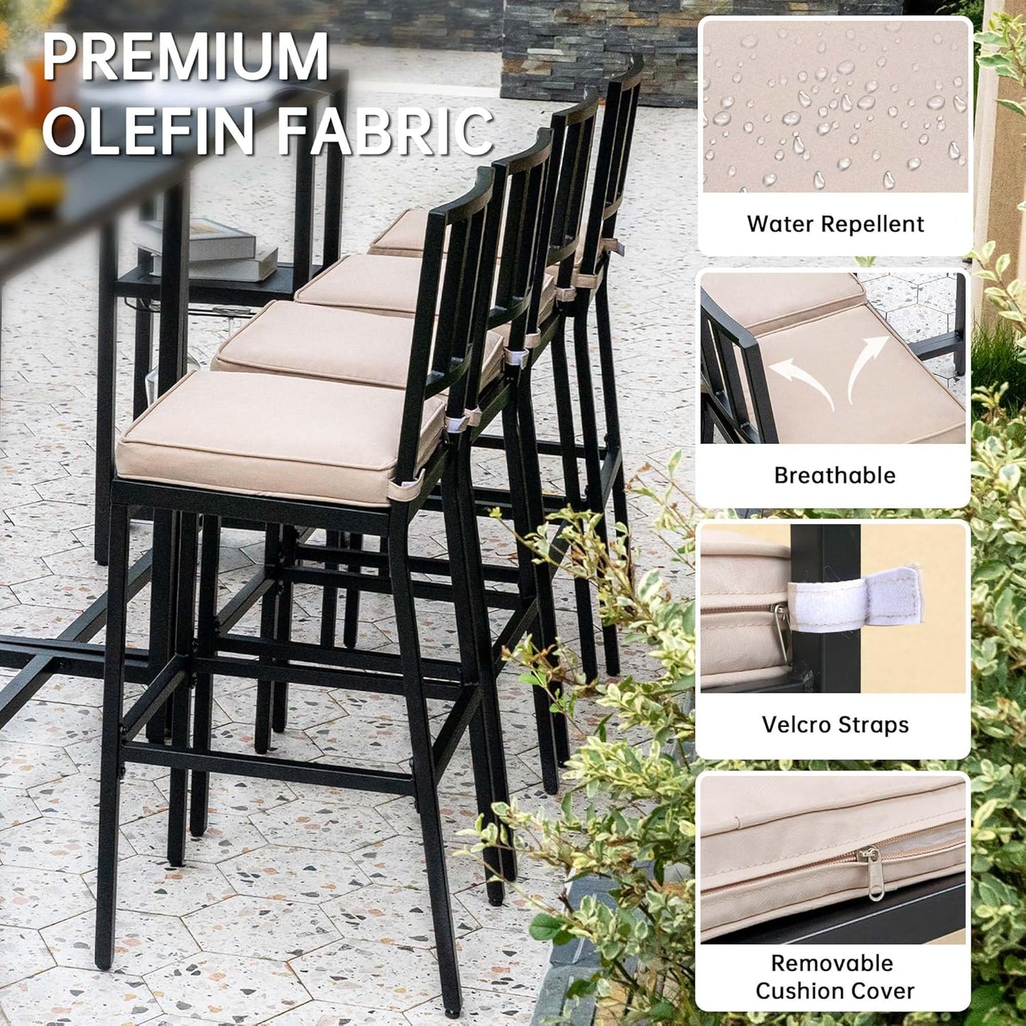 6 Piece Outdoor Patio Bar Set, 2 PCS 47" Rectangular Counter Height High Top Bar Tables with Wheels, 4 Cushioned Bar Stools, Metal Bar Table and Chairs Set for Balcony, Backyard, Porch