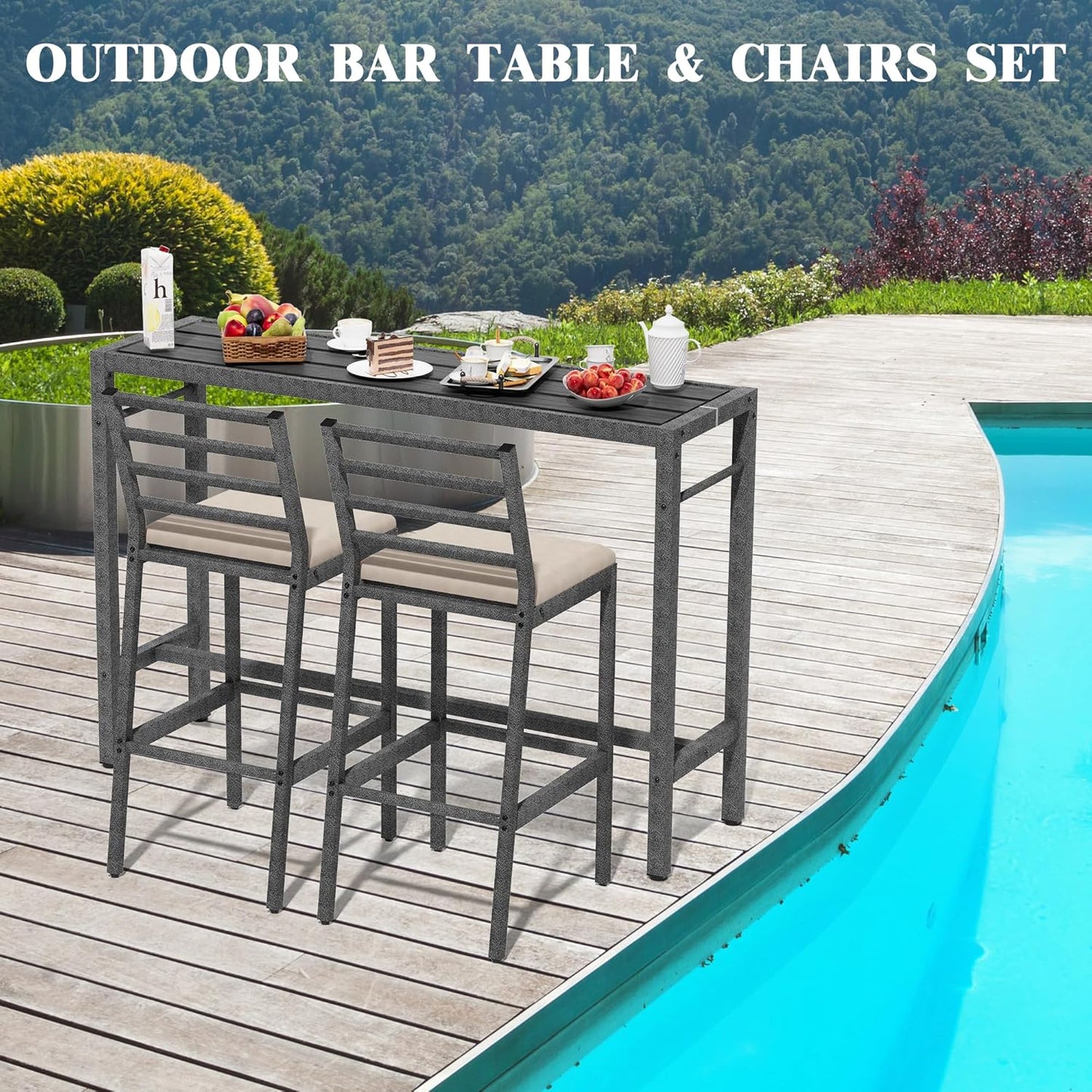 3Pcs Outdoor Patio Bar Set, 55" Rectangular Pub Height High Top Bar Table with 2 Cushioned Bar Stools & Cover, Metal Bar Table and Chairs Set for Outside, Patio, Balcony, Backyard, Porch, Deck