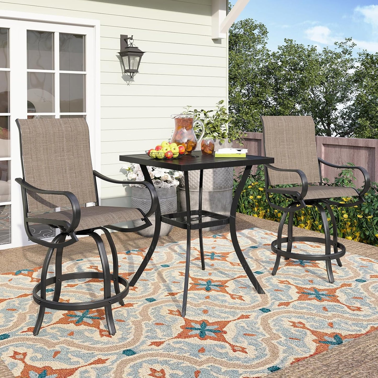 PHI VILLA 5 PCS Outdoor Bar Set, Counter Height Swivel Chair with Rectangle Metal Table, Textilene Fabric and Quick-Drying Waterproof,High Patio Set for Garden, Yard, Poolside