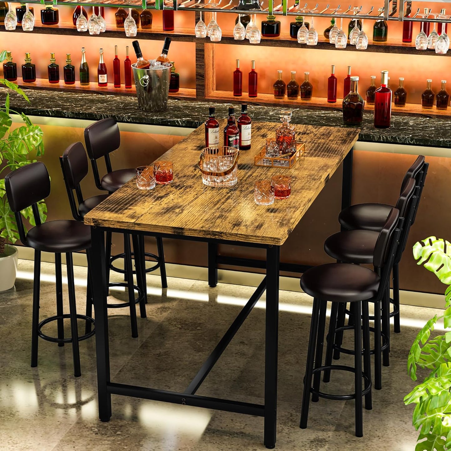 DKLGG 7-Piece Dining Table Set, 50" Bar Table Set for 6 with MDF & Metal Frame, Tall Dining with 6 PU Leather Chairs, Saving Space Pub and Chairs Sets for Bar, Kitchen, Brown