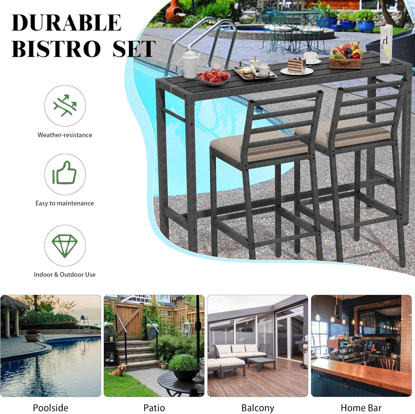 3Pcs Outdoor Patio Bar Set, 55" Rectangular Pub Height High Top Bar Table with 2 Cushioned Bar Stools & Cover, Metal Bar Table and Chairs Set for Outside, Patio, Balcony, Backyard, Porch, Deck
