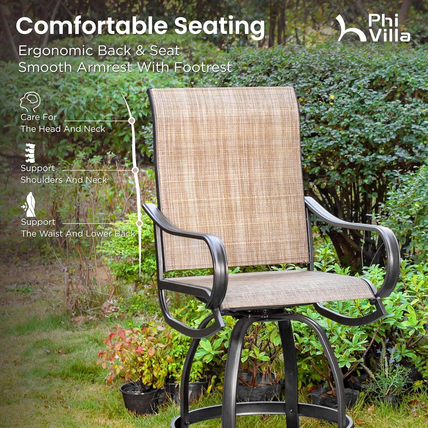 PHI VILLA 5 PCS Outdoor Bar Set, Counter Height Swivel Chair with Rectangle Metal Table, Textilene Fabric and Quick-Drying Waterproof,High Patio Set for Garden, Yard, Poolside