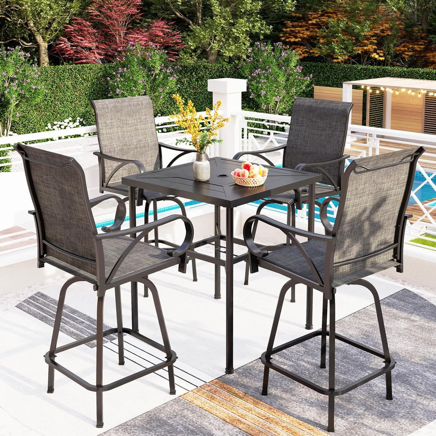 PHI VILLA 5 Piece Patio Bar Set, High Top Outdoor Table and Chairs for 4 with Swivel Padded Bar Stools Outside and Square Metal Bar Bistro Table for Garden, Deck and Poolside