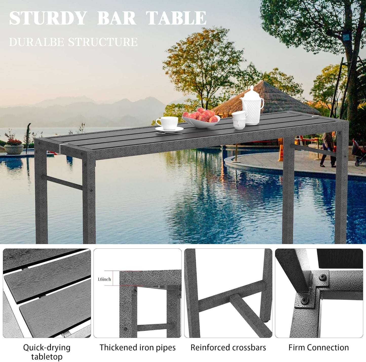 3Pcs Outdoor Patio Bar Set, 55" Rectangular Pub Height High Top Bar Table with 2 Cushioned Bar Stools & Cover, Metal Bar Table and Chairs Set for Outside, Patio, Balcony, Backyard, Porch, Deck