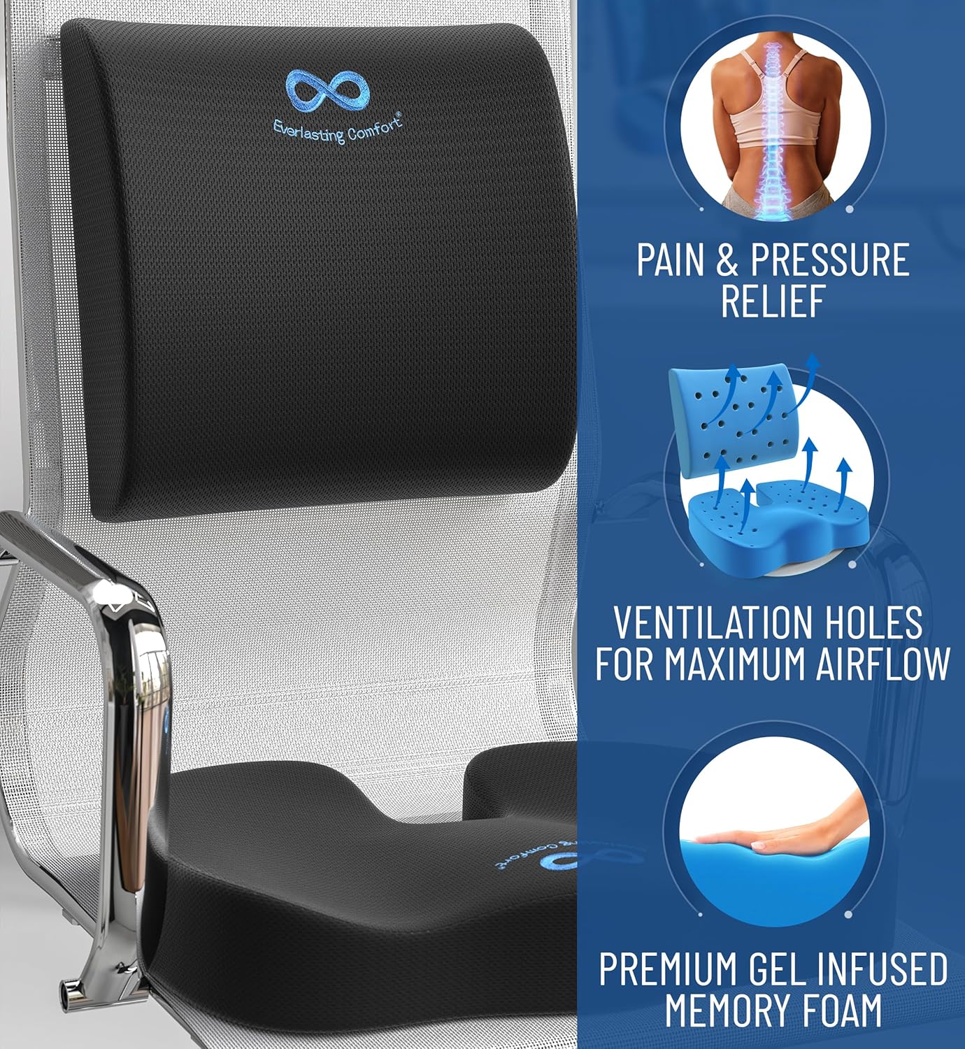 Everlasting Comfort Doctor Recommended Memory Foam Seat Cushion and Lumbar Support Pillow - Ergonomic Office Chair Cushions for Tailbone, Sciatica, Lower Back Pain Relief-Car Seat & Desk Chair Support