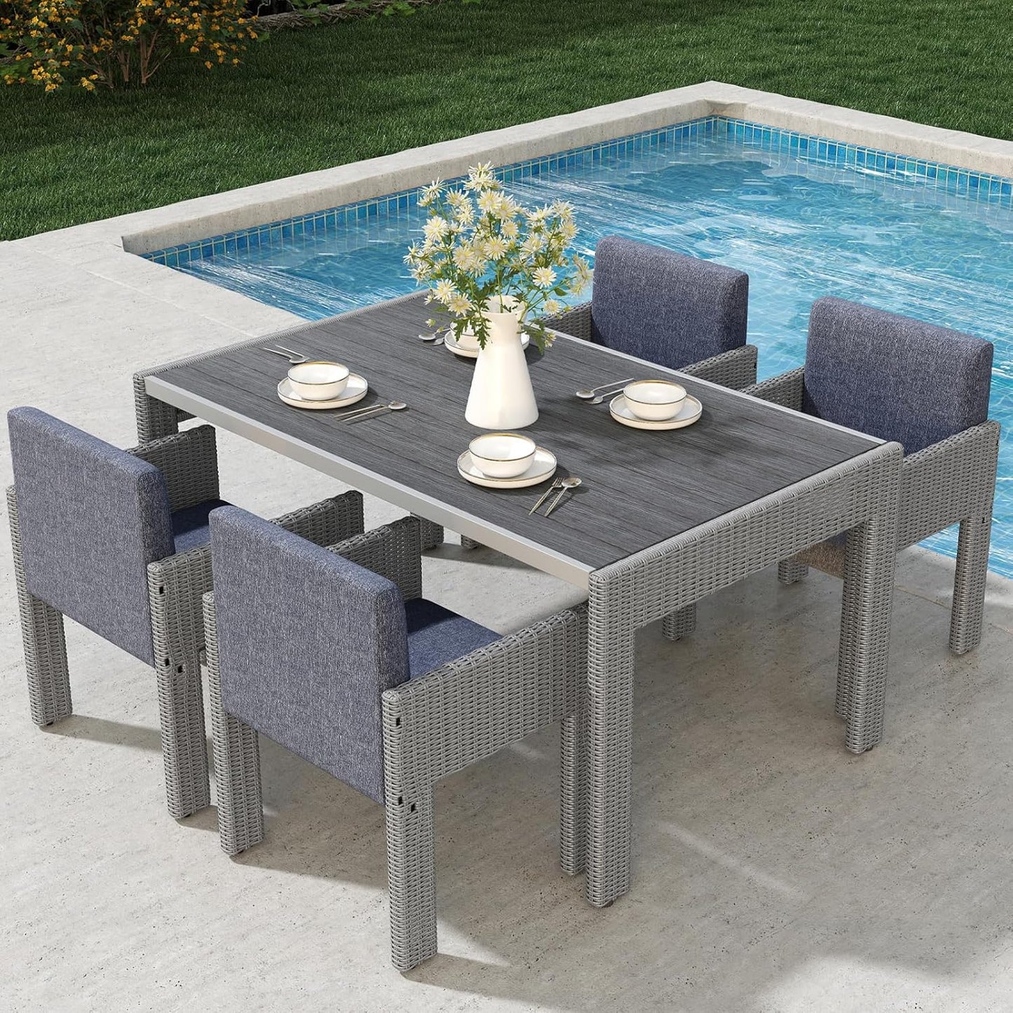 7 Piece Patio Dining Set, Outdoor Dining Furniture Set with Large Table, PE Wicker Patio Dining Set of 6, Outdoor Table and Chairs for Garden, Yard, Backyard, Poolside, Grey