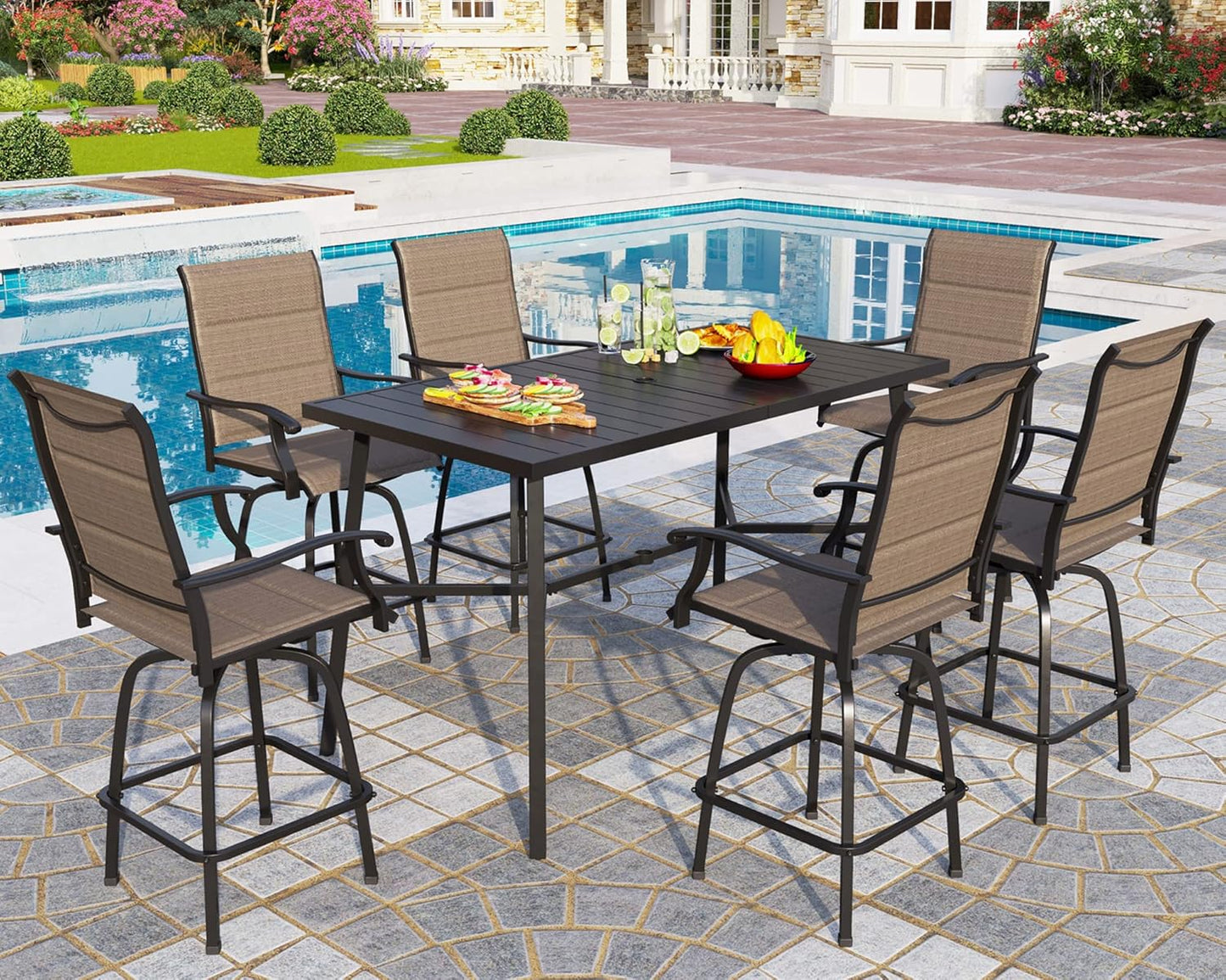 PHI VILLA 7 Piece Outdoor Bar Dining Set, High Top Patio Table and Chairs with 6 Swivel Teal Bar Stools & 40" Rectangle Metal Bar Table for Garden, Yard and Deck