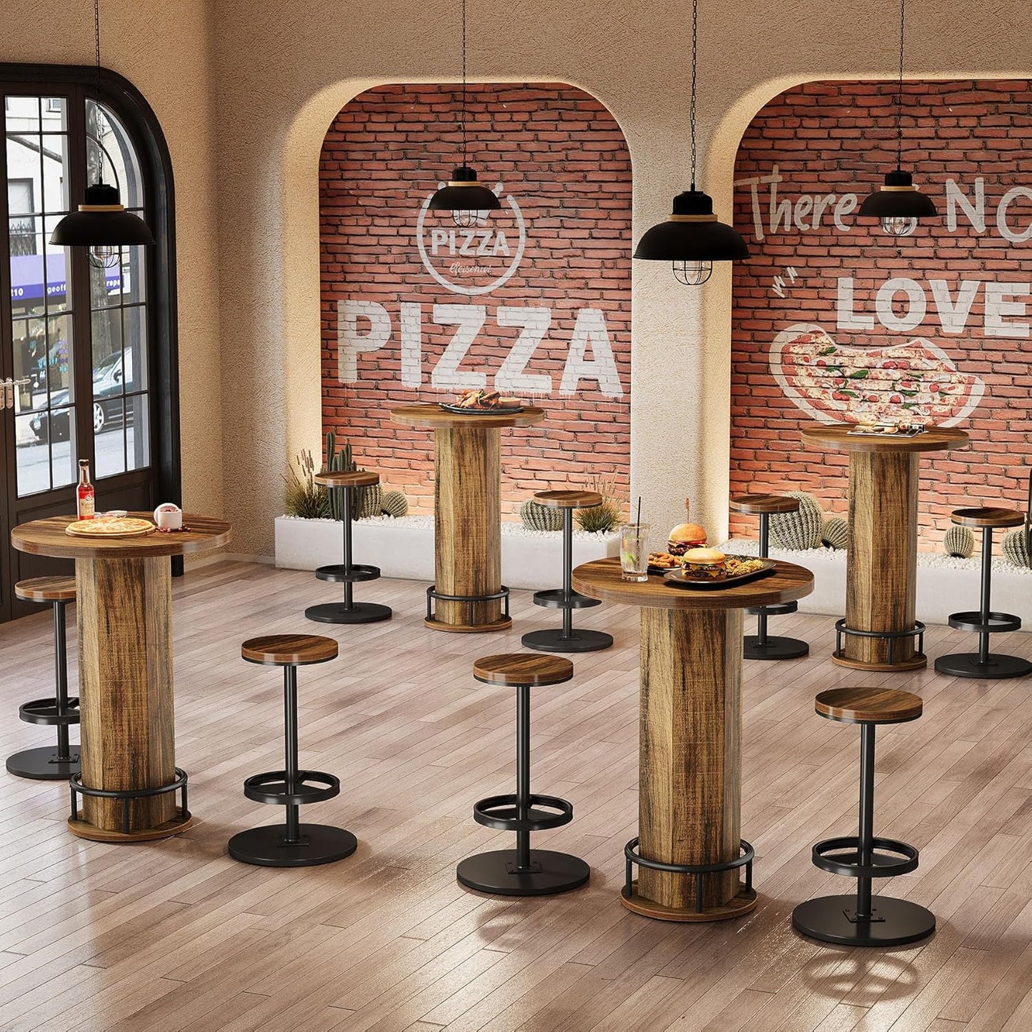 Tribesigns Round Bar Table with Chairs, Industrial Bistro Sets with 2 barstools, Pub Cocktail Table with Metal Ring Footrest for Kitchen Nook, Apartment, Small Space