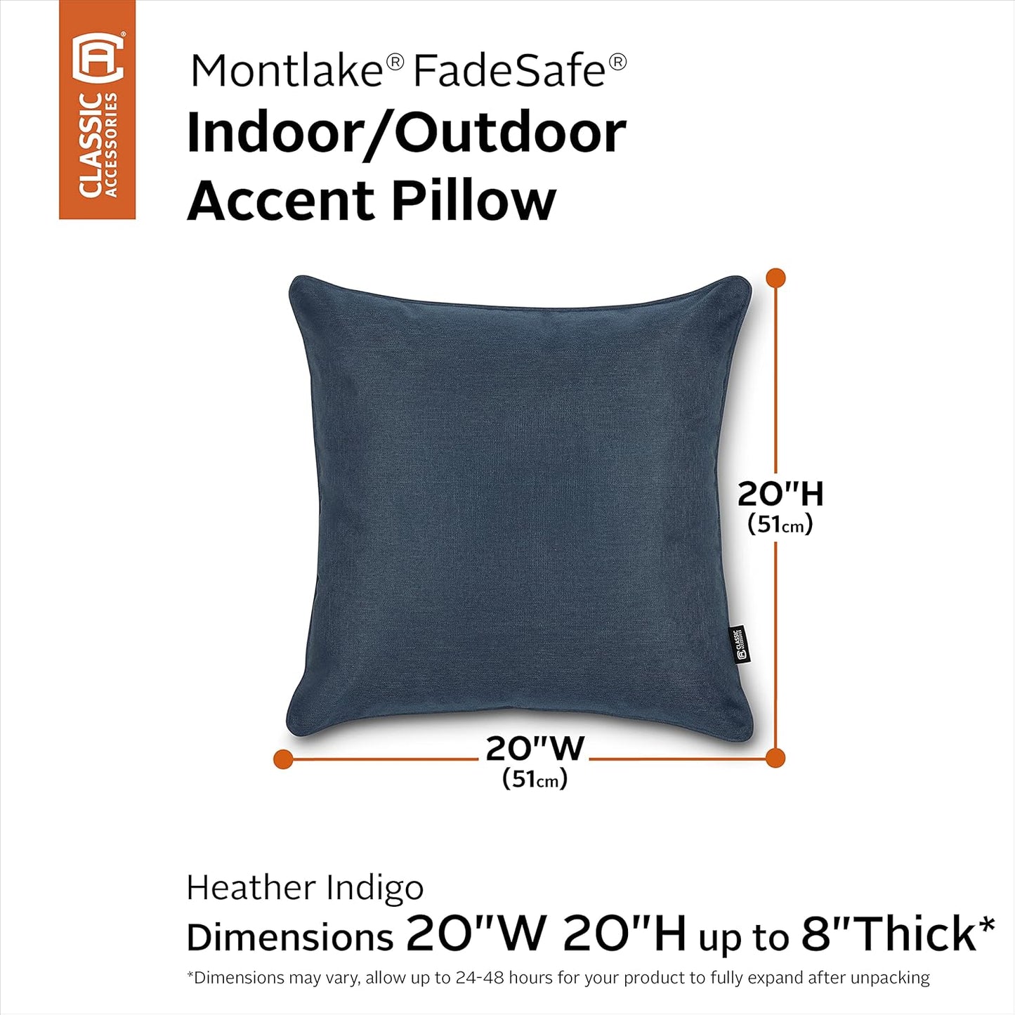 Classic Accessories Montlake FadeSafe Indoor/Outdoor Accent Pillows, 20 x 20 x 8 Inch, 2 Pack, Heather Indigo