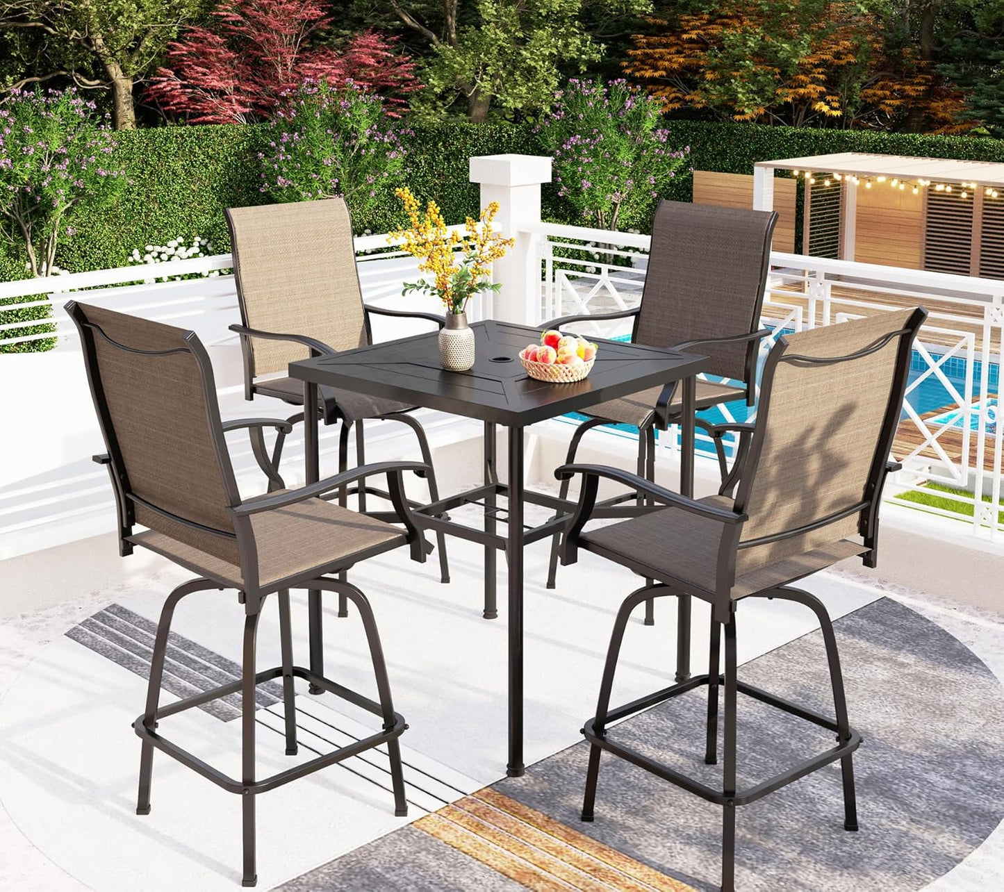 PHI VILLA 5 Piece Patio Bar Set, High Top Outdoor Table and Chairs for 4 with Swivel Padded Bar Stools Outside and Square Metal Bar Bistro Table for Garden, Deck and Poolside