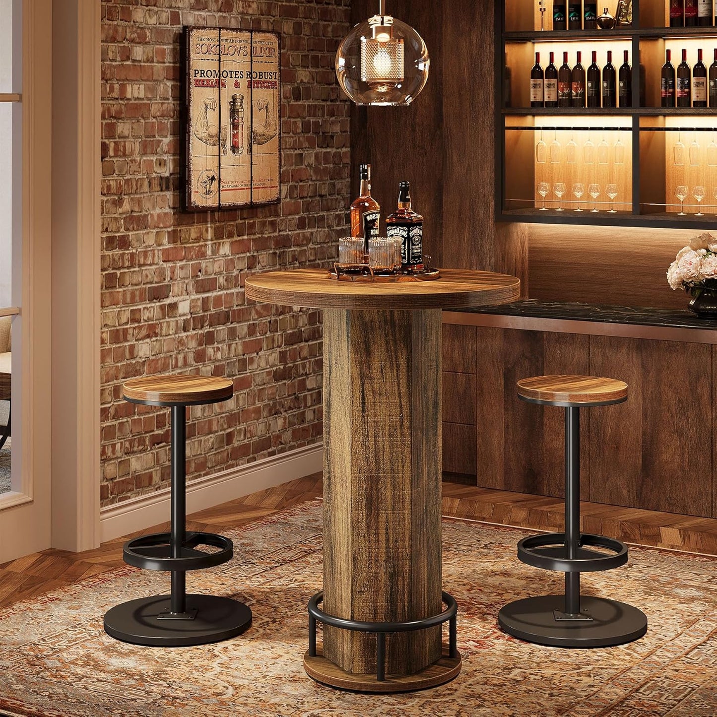Tribesigns Round Bar Table with Chairs, Industrial Bistro Sets with 2 barstools, Pub Cocktail Table with Metal Ring Footrest for Kitchen Nook, Apartment, Small Space