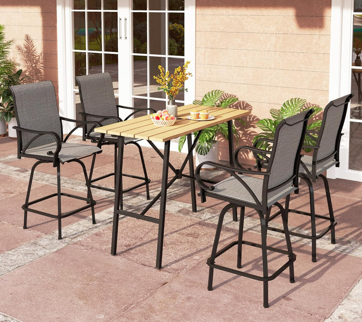 PHI VILLA 7 Piece Outdoor Bar Dining Set, High Top Patio Table and Chairs with 6 Swivel Teal Bar Stools & 40" Rectangle Metal Bar Table for Garden, Yard and Deck