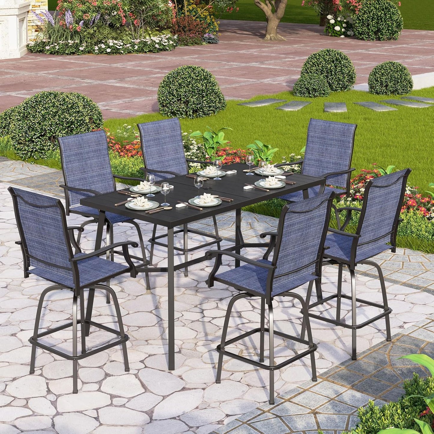 PHI VILLA 7 Piece Outdoor Bar Dining Set, High Top Patio Table and Chairs with 6 Swivel Teal Bar Stools & 40" Rectangle Metal Bar Table for Garden, Yard and Deck