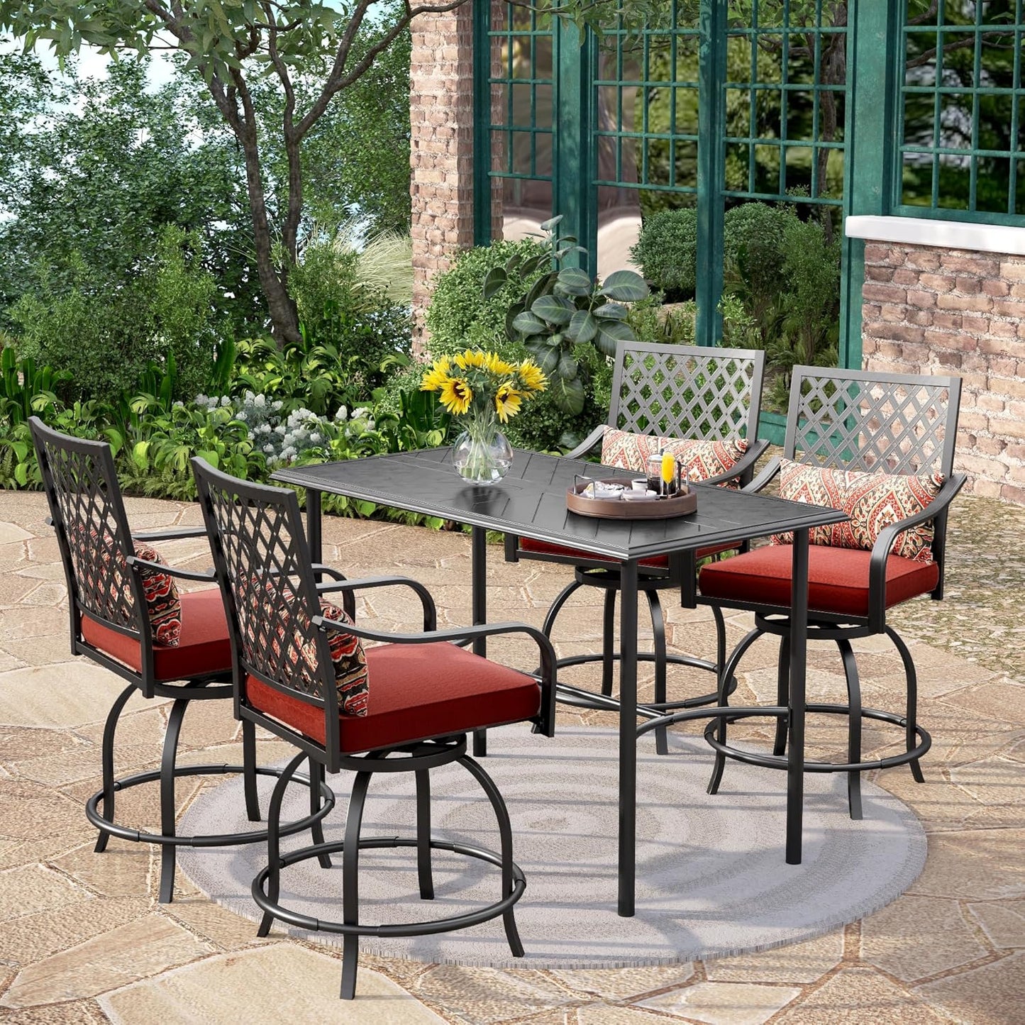 PHI VILLA 5 PCS Outdoor Counter Height Table and Chairs,Swivel Outdoor Bar Chairs with Grey Cushion and Metal bar Table for All Weather,Patio High Dining Set for Indoor,Garden,Yard