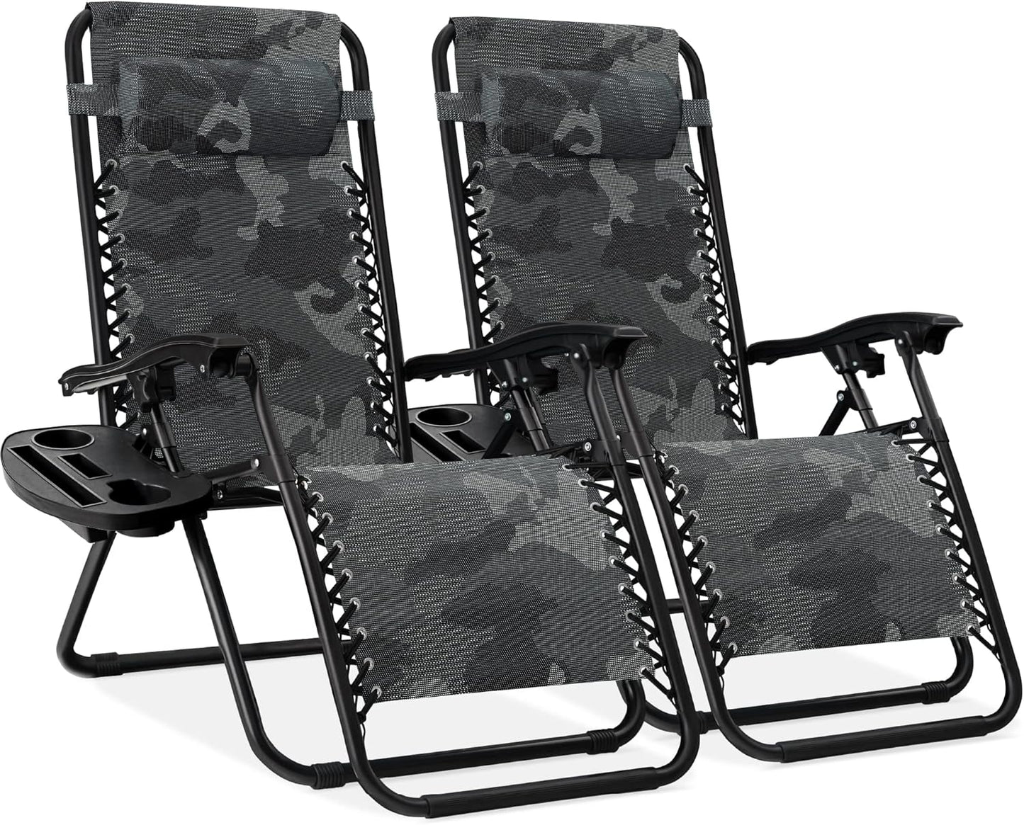 Best Choice Products Set of 2 Adjustable Steel Mesh Zero Gravity Lounge Chair Recliners w/Pillows and Cup Holder Trays - Navy Blue