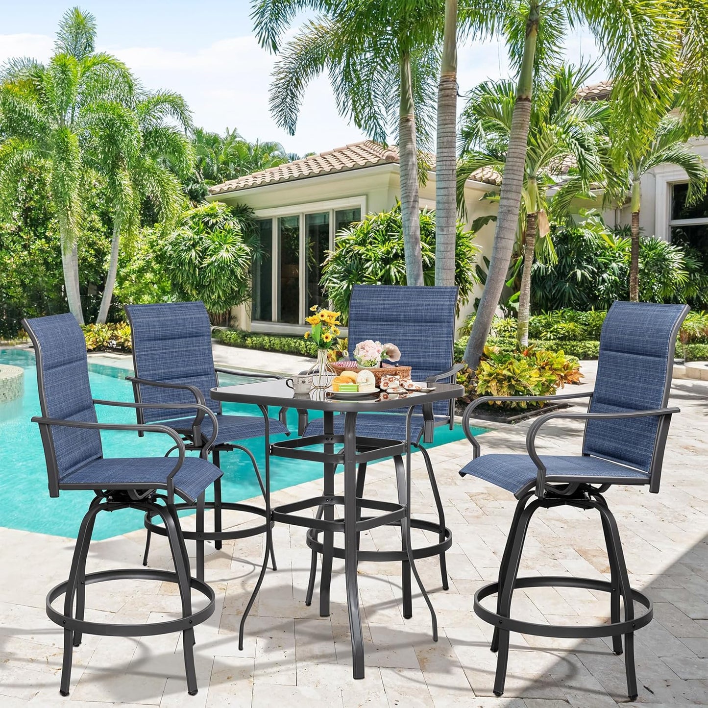 Vongrasig 5 Piece Patio Swivel Bar Set, All Weather Metal Textilene High Stools Chair Set of 4 and Glass Table, Outdoor Top Bistro for Lawn Garden, Balcony, Taupe Padded Gray VG-HGB4C1T