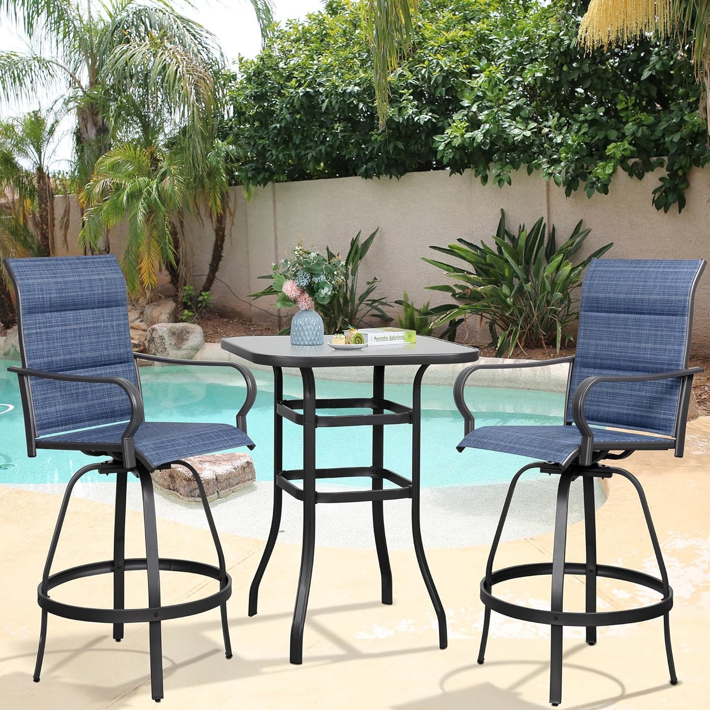 Vongrasig 5 Piece Patio Swivel Bar Set, All Weather Metal Textilene High Stools Chair Set of 4 and Glass Table, Outdoor Top Bistro for Lawn Garden, Balcony, Taupe Padded Gray VG-HGB4C1T