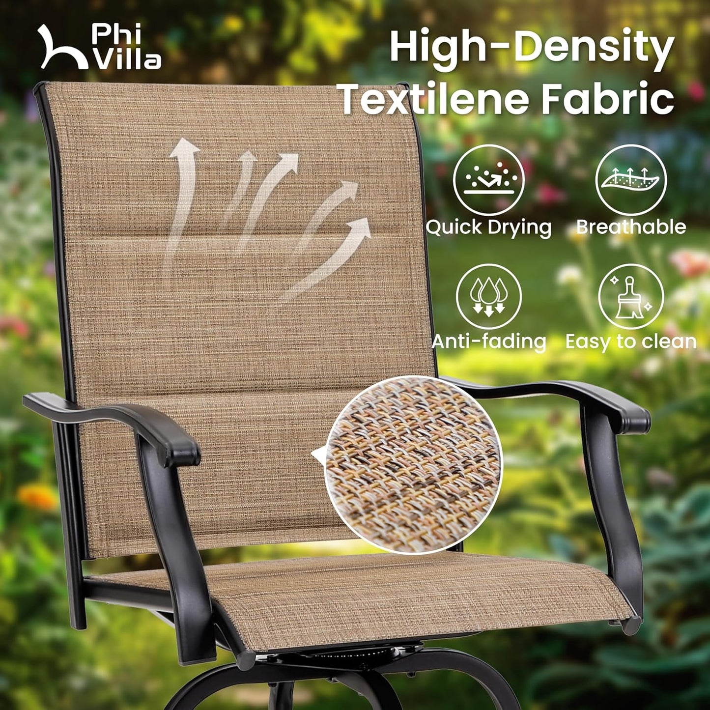 PHI VILLA 5 Piece Patio Bar Set, High Top Outdoor Table and Chairs for 4 with Swivel Padded Bar Stools Outside and Square Metal Bar Bistro Table for Garden, Deck and Poolside