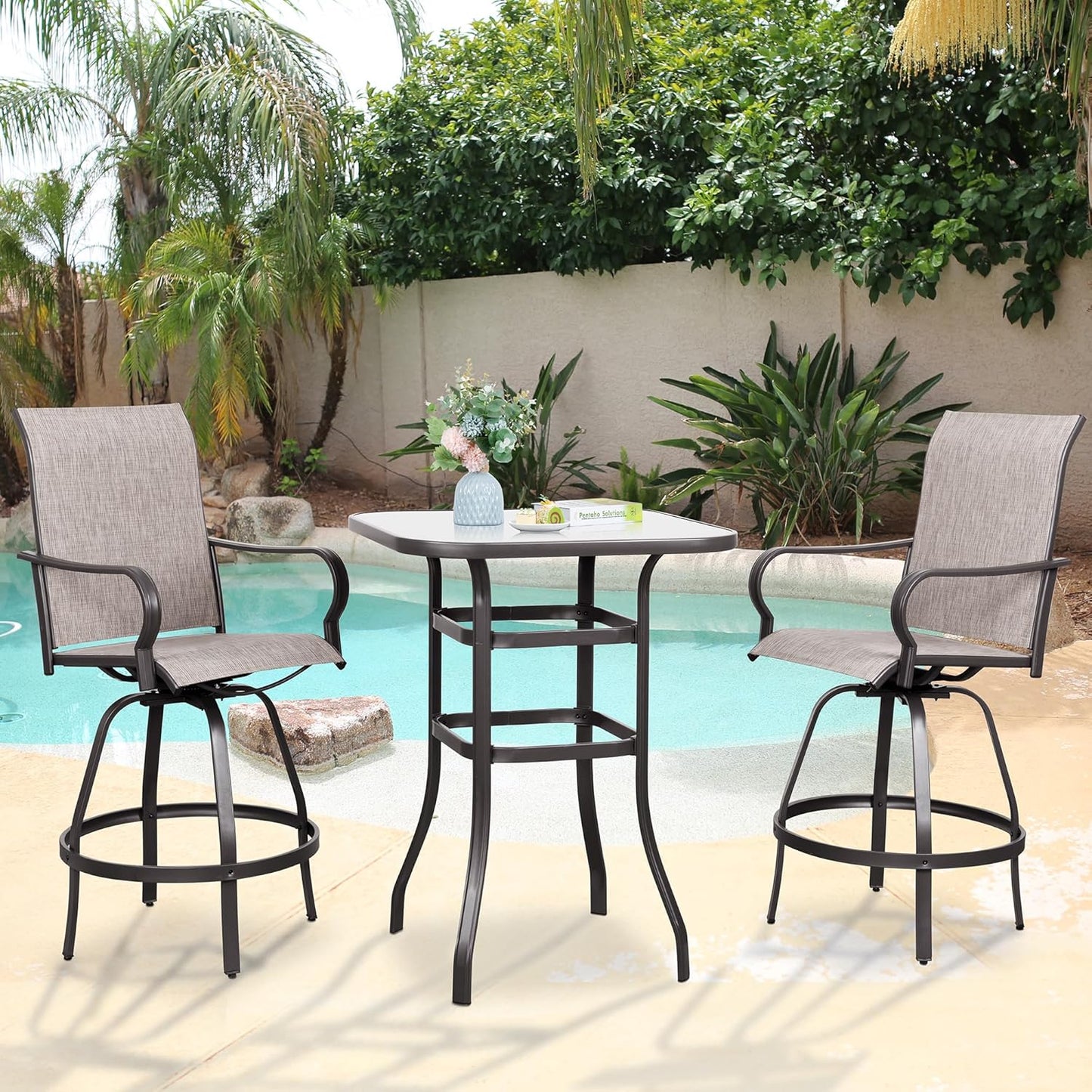 Vongrasig 5 Piece Patio Swivel Bar Set, All Weather Metal Textilene High Stools Chair Set of 4 and Glass Table, Outdoor Top Bistro for Lawn Garden, Balcony, Taupe Padded Gray VG-HGB4C1T