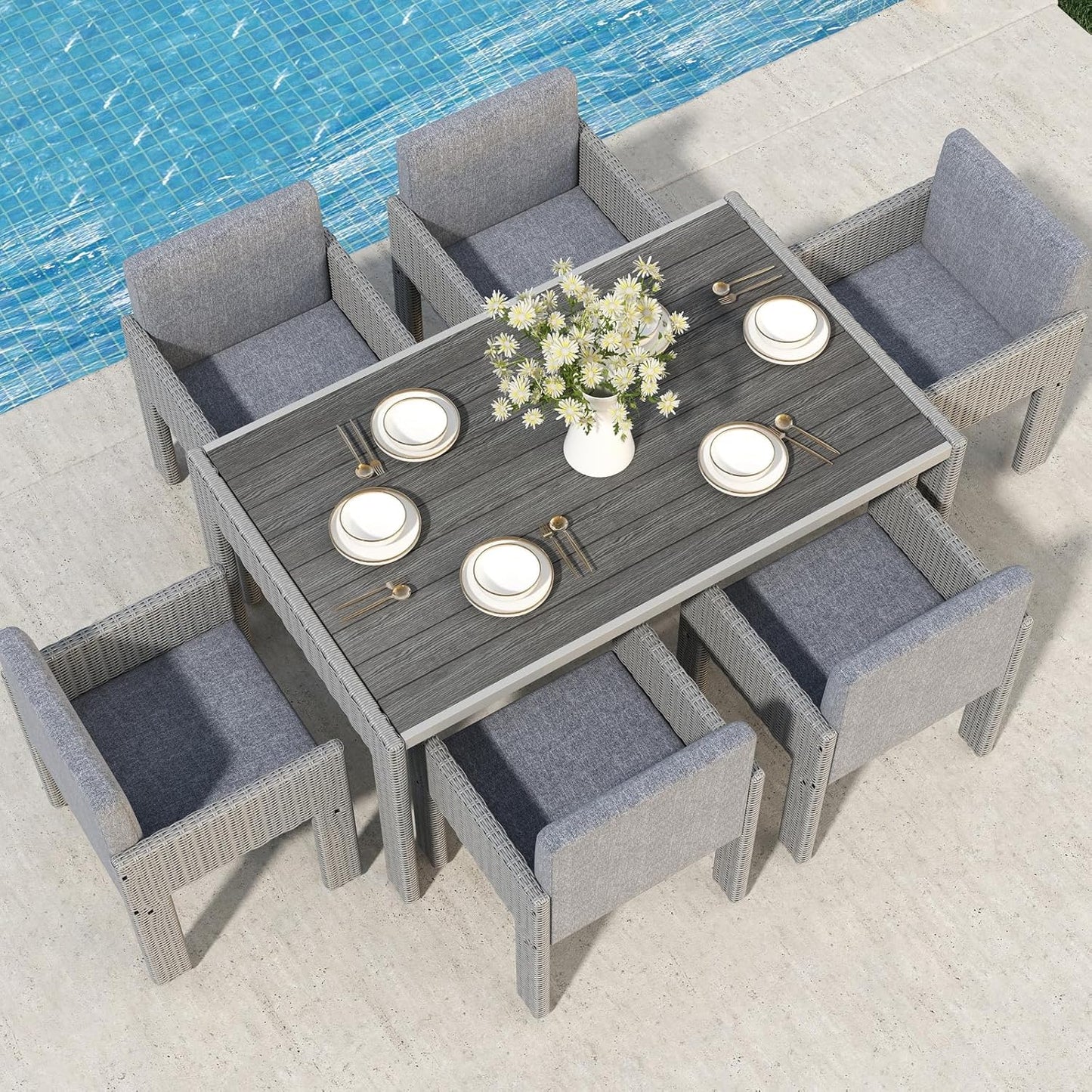 7 Piece Patio Dining Set, Outdoor Dining Furniture Set with Large Table, PE Wicker Patio Dining Set of 6, Outdoor Table and Chairs for Garden, Yard, Backyard, Poolside, Grey