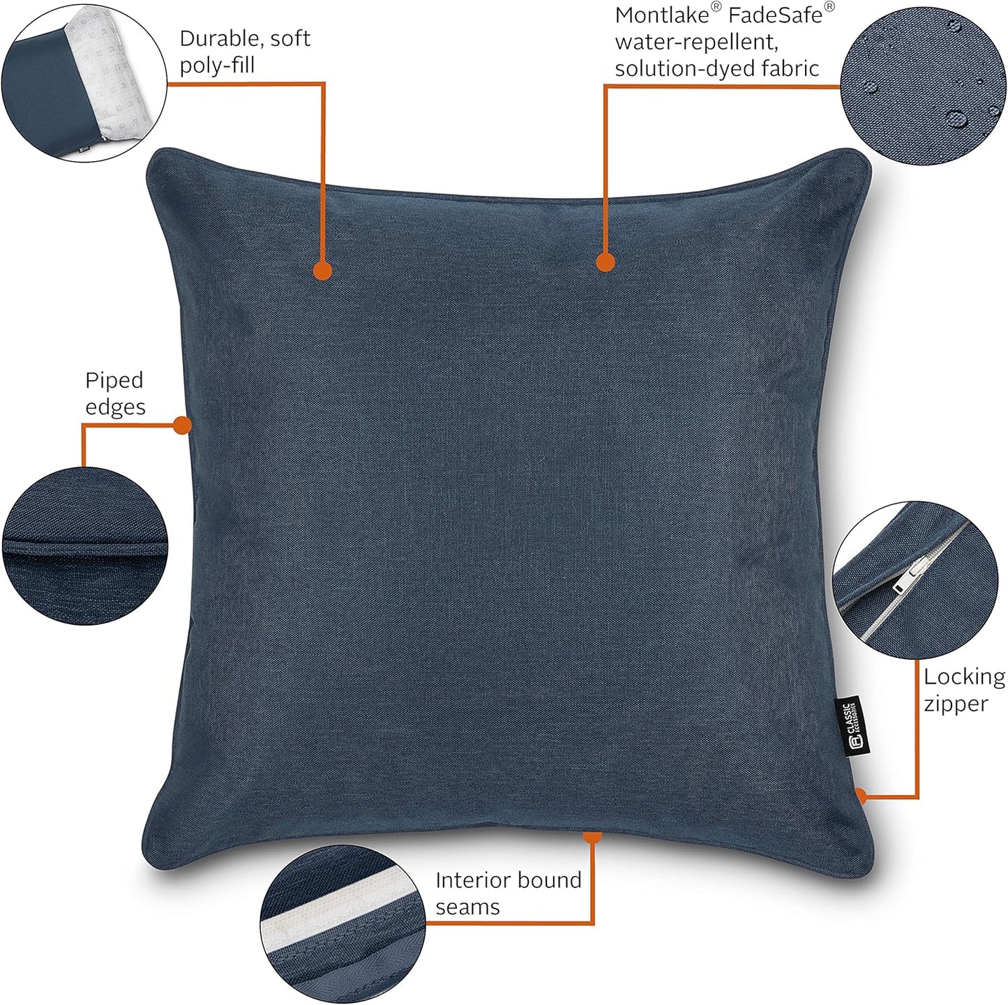 Classic Accessories Montlake FadeSafe Indoor/Outdoor Accent Pillows, 20 x 20 x 8 Inch, 2 Pack, Heather Indigo