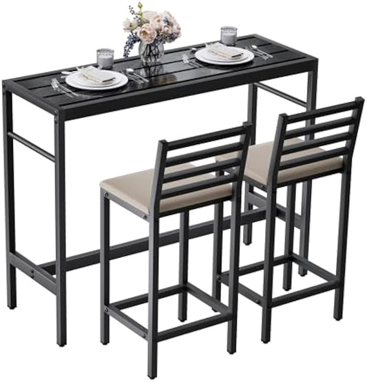 Outdoor Patio Bar Set – 3 PCS High Top Pub Table with 2 Cushioned Chairs, Metal Bar Table and Chairs Set for Balcony, Backyard, or Porch Relaxation