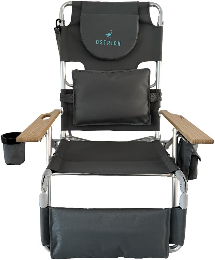 Ostrich Deluxe 3N1 Padded Beach Chair w/ Face Cushion & Arm Holes, Blue - Lightweight Folding Recliner w/ Adjustable Backrest & Footrest, Cup Holder, Side Utility Bag, 275 lb Weight Capacity