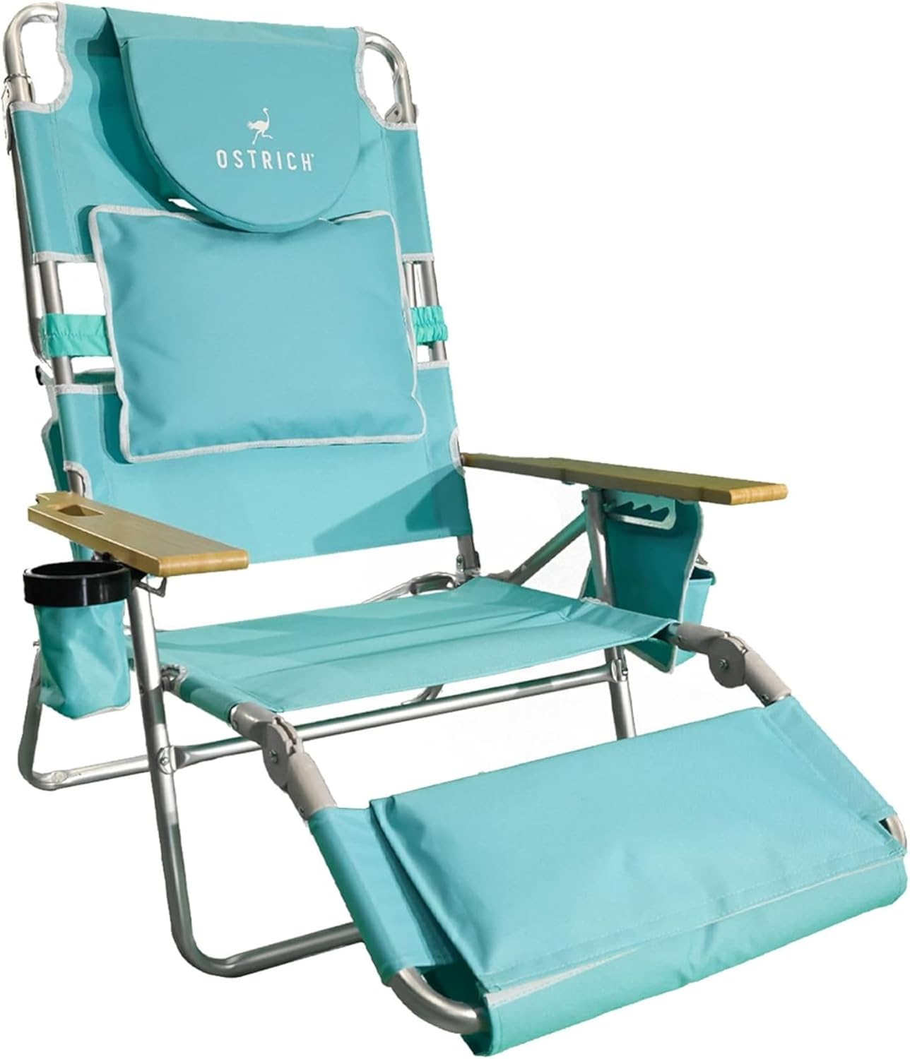 Ostrich Deluxe 3N1 Padded Beach Chair w/ Face Cushion & Arm Holes, Blue - Lightweight Folding Recliner w/ Adjustable Backrest & Footrest, Cup Holder, Side Utility Bag, 275 lb Weight Capacity