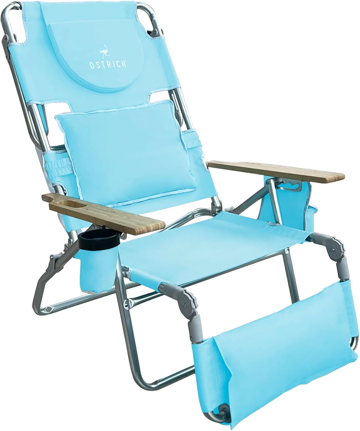 Ostrich Deluxe 3N1 Padded Beach Chair w/ Face Cushion & Arm Holes, Blue - Lightweight Folding Recliner w/ Adjustable Backrest & Footrest, Cup Holder, Side Utility Bag, 275 lb Weight Capacity