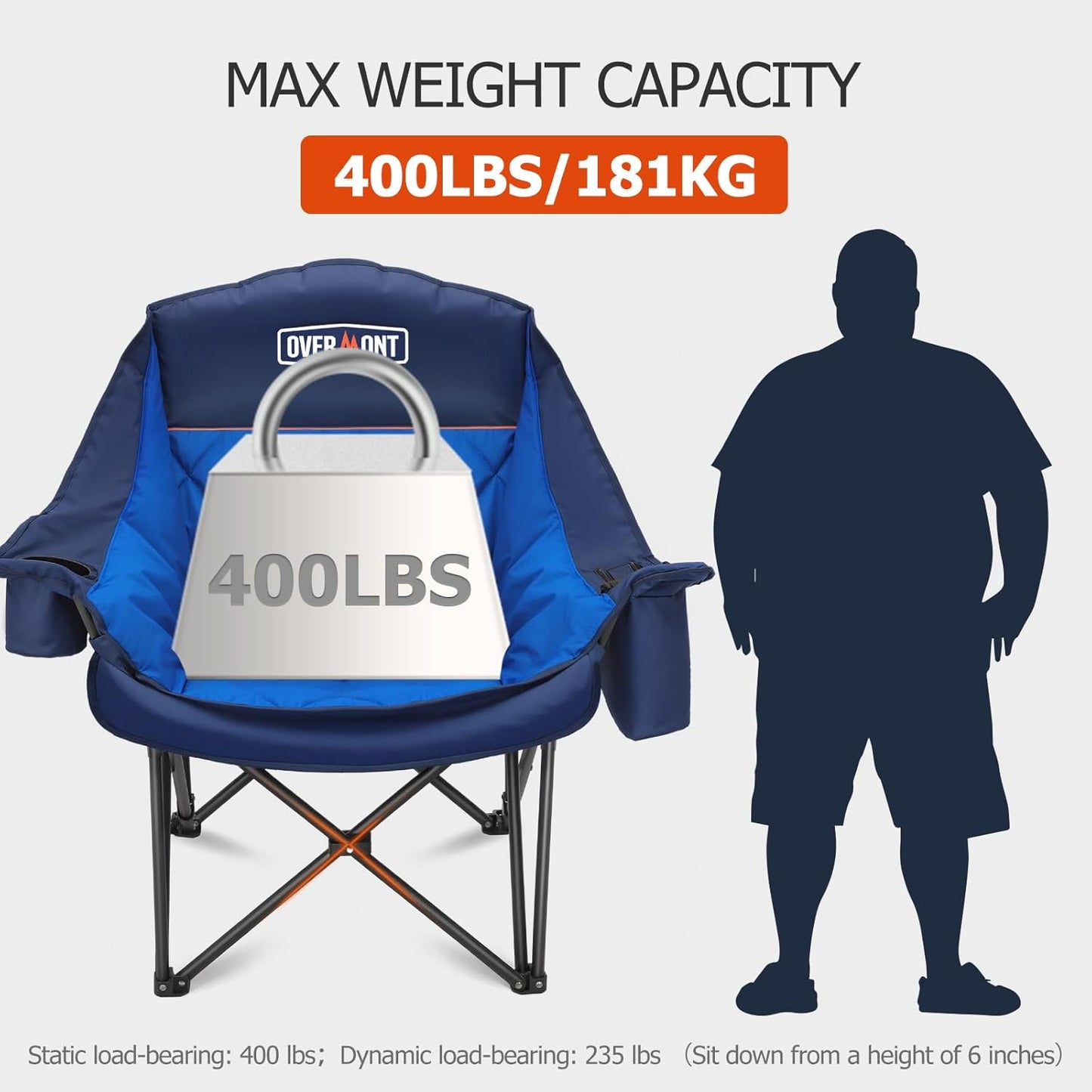 Overmont Oversized XL Camping Chair for Adults - 450lbs Support Heavy-Duty Padded Folding Chair with Side Pocket Cup Holder Cooling Bag for Outdoor Sports Garden Beach Fishing Lawn Blue