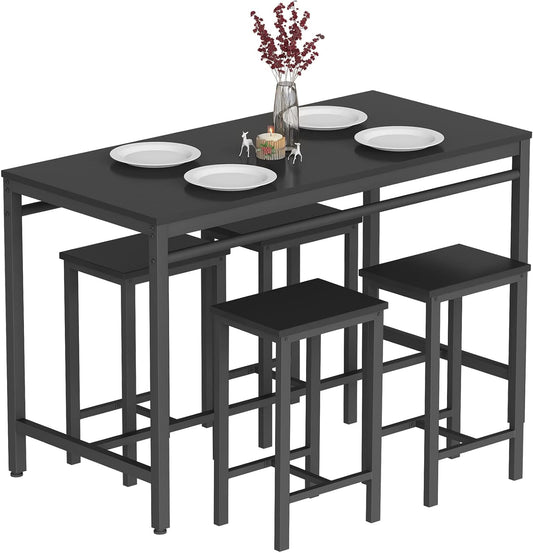 AWQM 5 Piece Bar Table Set, Modern Counter Height Dining Table and Chairs Set for 4, Wood Kitchen Table and 4 Bar Stools for Small Spaces, Apartment, Pub, Dining Room (Black)