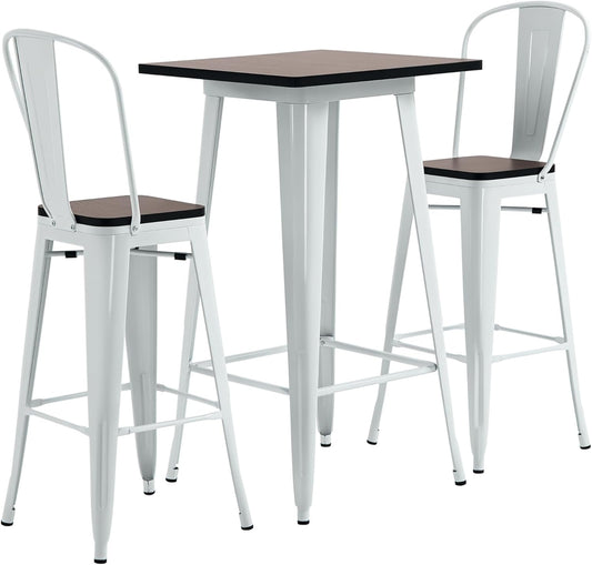 HOMCOM 3 Piece Industrial Dining Table Set, Bar Height Bar Table and Chairs Set with Footrests for Bistro, Pub, White and Brown