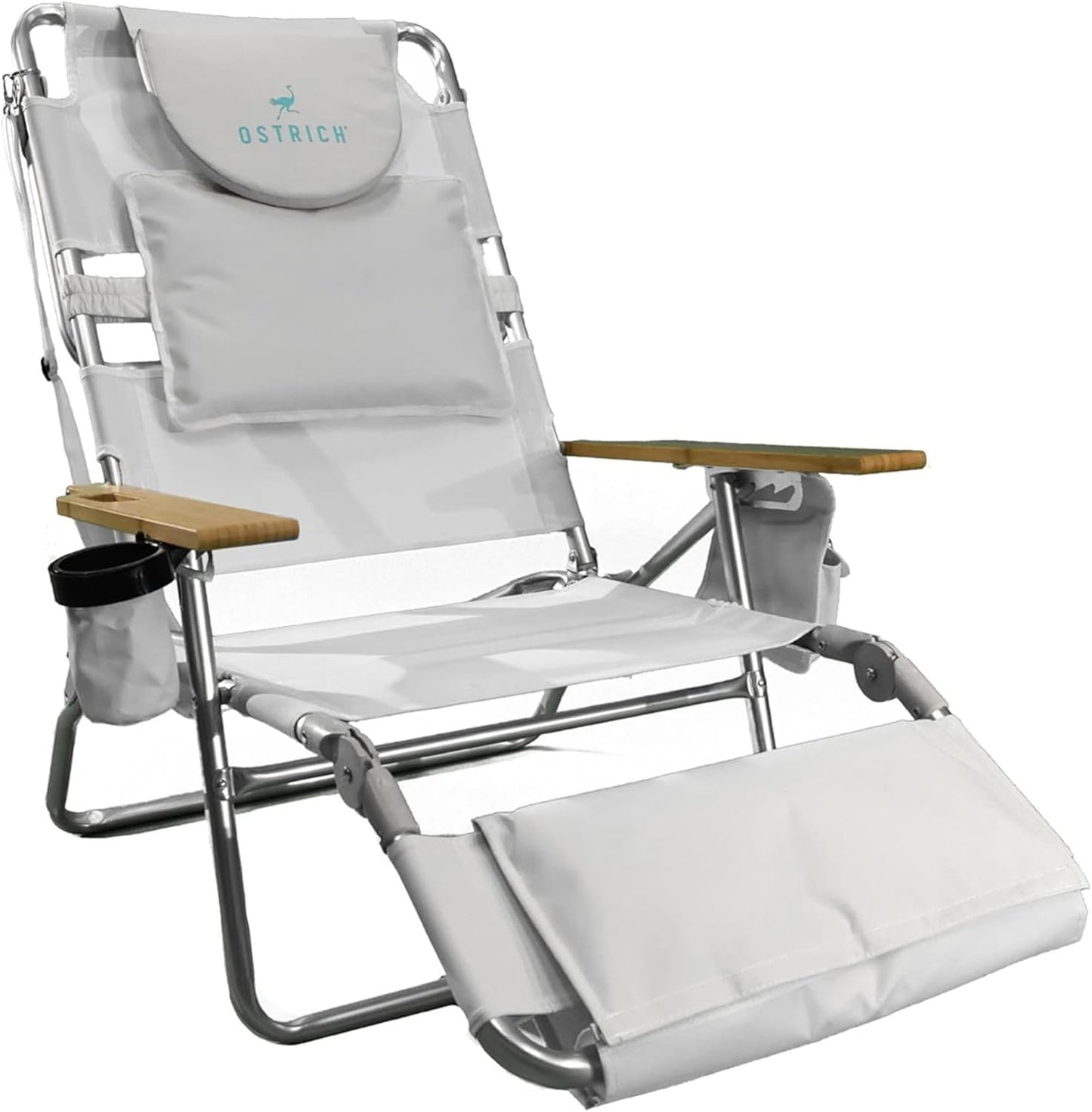 Ostrich Deluxe 3N1 Padded Beach Chair w/ Face Cushion & Arm Holes, Blue - Lightweight Folding Recliner w/ Adjustable Backrest & Footrest, Cup Holder, Side Utility Bag, 275 lb Weight Capacity