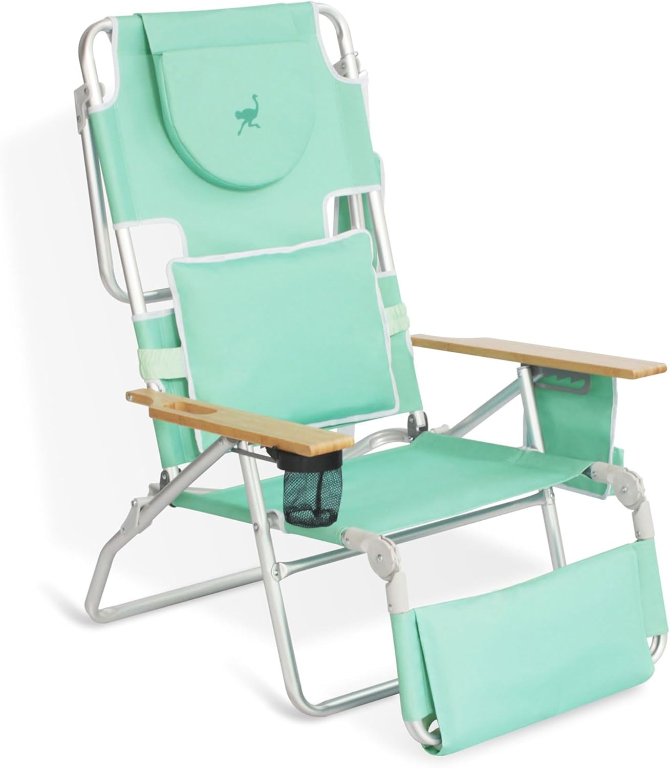 Ostrich Deluxe 3N1 Padded Beach Chair w/ Face Cushion & Arm Holes, Blue - Lightweight Folding Recliner w/ Adjustable Backrest & Footrest, Cup Holder, Side Utility Bag, 275 lb Weight Capacity