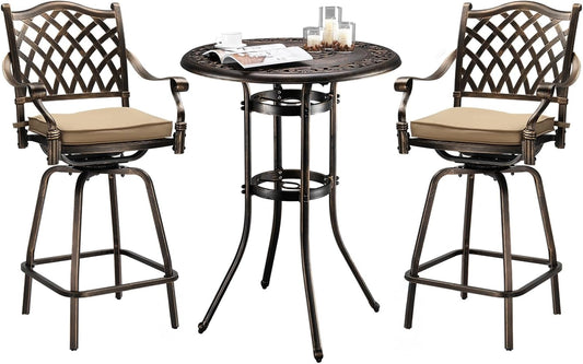 VINGLI 3 Piece Outdoor Patio Bar Set, Cast Aluminum Outdoor Swivel Bar Stools and Table w/Umberlla Hole, All-Weather Outdoor Bar Table and Chairs High Top Bistro Set w/Cushions (Grid Back)
