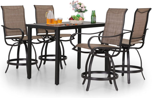 PHI VILLA 5 PCS Outdoor Bar Set, Counter Height Swivel Chair with Rectangle Metal Table, Textilene Fabric and Quick-Drying Waterproof,High Patio Set for Garden, Yard, Poolside