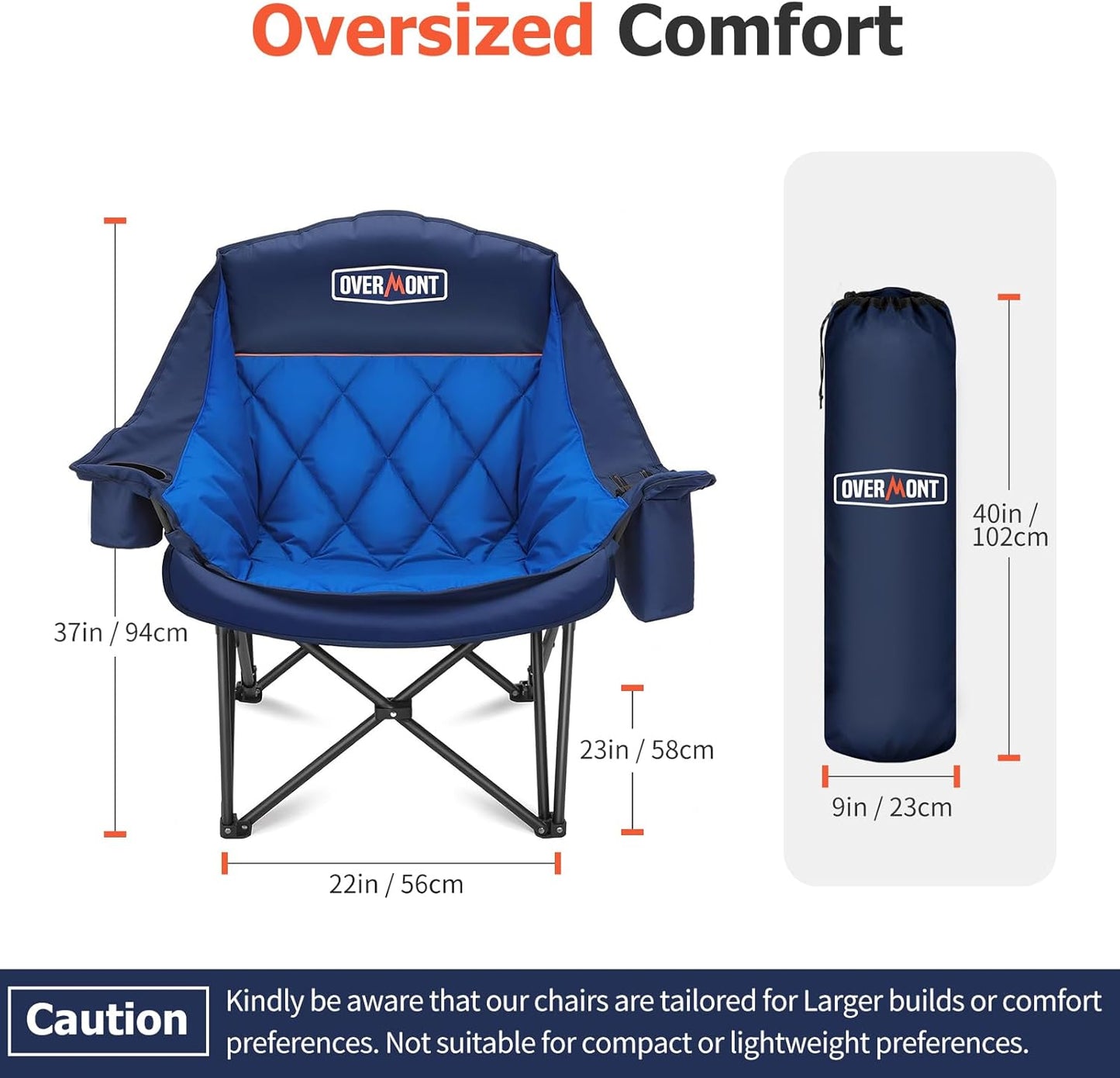 Overmont Oversized XL Camping Chair for Adults - 450lbs Support Heavy-Duty Padded Folding Chair with Side Pocket Cup Holder Cooling Bag for Outdoor Sports Garden Beach Fishing Lawn Blue