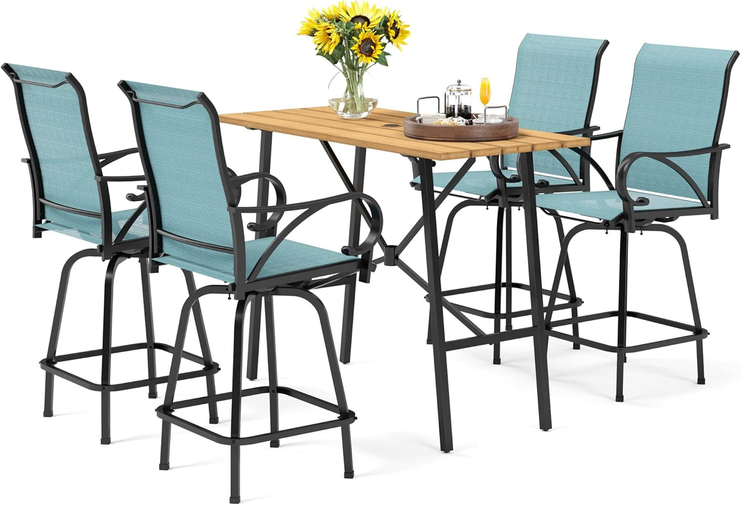 PHI VILLA 7 Piece Outdoor Bar Dining Set, High Top Patio Table and Chairs with 6 Swivel Teal Bar Stools & 40" Rectangle Metal Bar Table for Garden, Yard and Deck