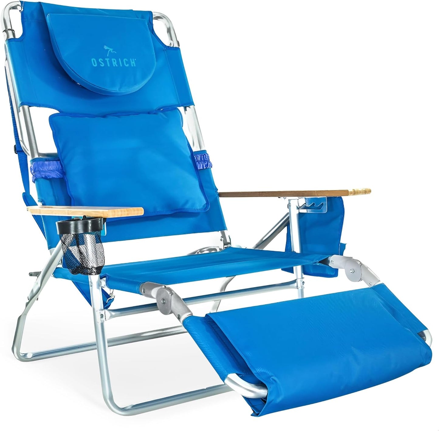 Ostrich Deluxe 3N1 Padded Beach Chair w/ Face Cushion & Arm Holes, Teal - Lightweight Folding Recliner w/ Adjustable Backrest & Footrest, Cup Holder, Side Utility Bag, 275 lb Weight Capacity