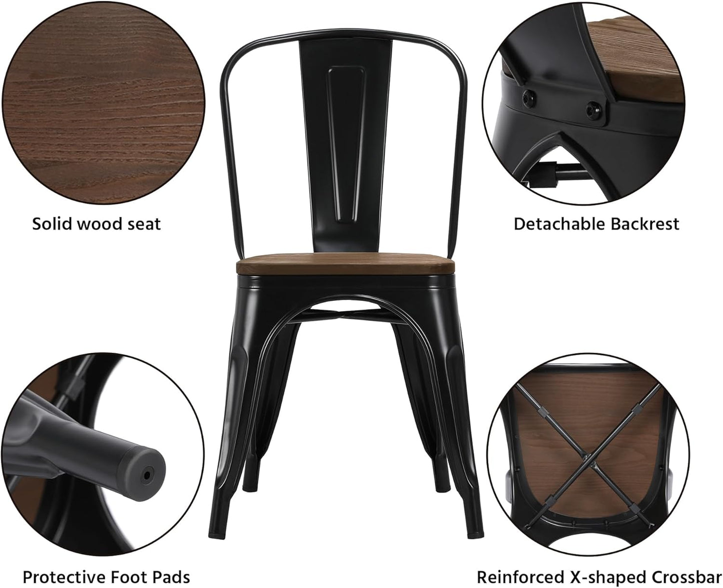 Yaheetech 18 Inch Classic Iron Metal Dining Chair with Wood Top/Seat Indoor-Outdoor Use Chic Dining Bistro Cafe Side Barstool Bar Chair Coffee Chair Set of 4 Black