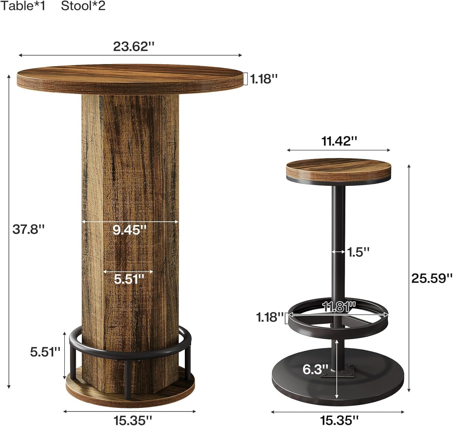 Tribesigns Round Bar Table with Chairs, Industrial Bistro Sets with 2 barstools, Pub Cocktail Table with Metal Ring Footrest for Kitchen Nook, Apartment, Small Space