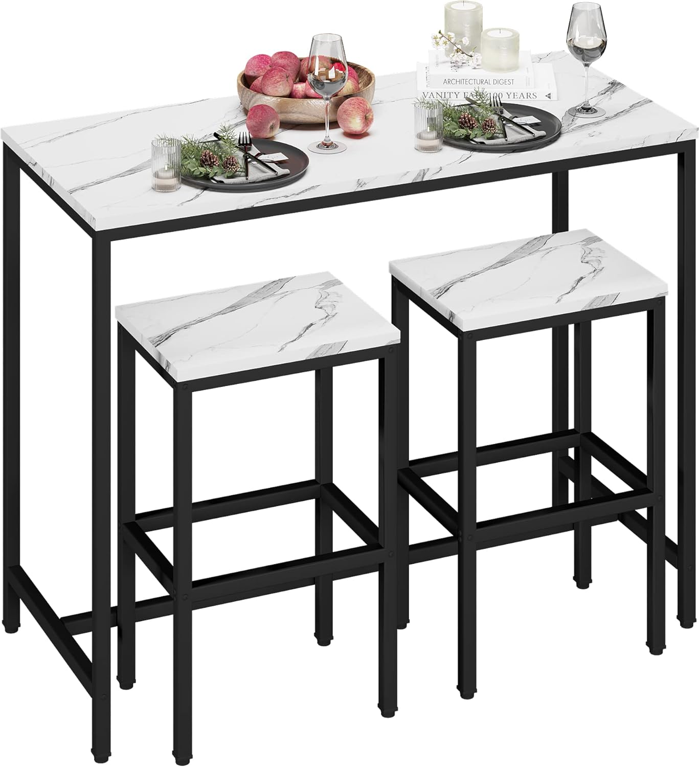 Yongchuang 5 Piece Bar Table Set, Kitchen Bar Table and Chairs Set of 4, Modern Metal Counter Height Table with Stools for Dining Room, Living Room Breakfast Table White Faux Marble Wood Top