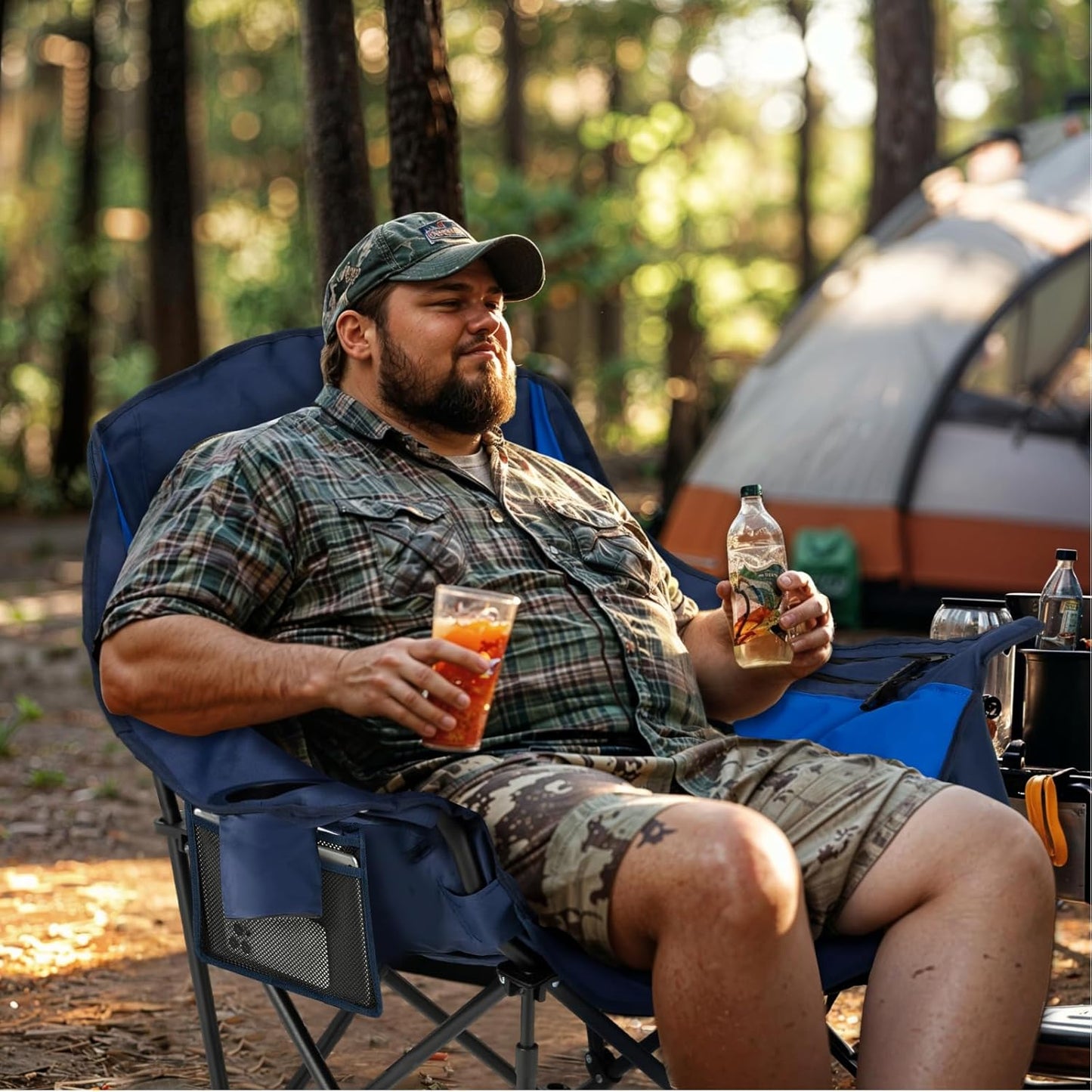 Overmont Oversized XL Camping Chair for Adults - 450lbs Support Heavy-Duty Padded Folding Chair with Side Pocket Cup Holder Cooling Bag for Outdoor Sports Garden Beach Fishing Lawn Blue