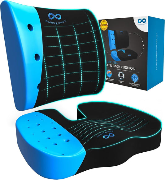 Everlasting Comfort Doctor Recommended Memory Foam Seat Cushion and Lumbar Support Pillow - Ergonomic Office Chair Cushions for Tailbone, Sciatica, Lower Back Pain Relief-Car Seat & Desk Chair Support