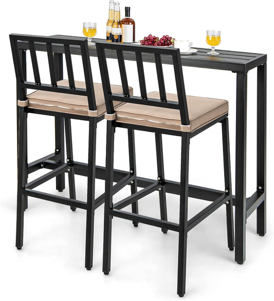 COSTWAY 3 Piece Outdoor Patio Bar Set, 48" Rectangular Pub Height High Top Bar Table with 2 Cushioned Bar Stools, Metal Bar Table and Chairs Set for Balcony, Backyard, Porch