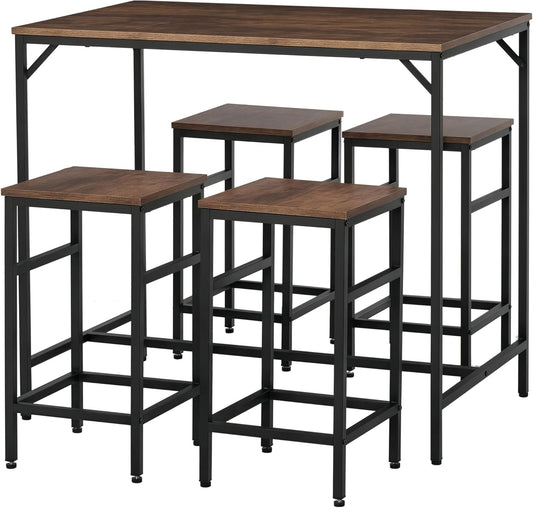 HOMCOM 5-Piece Industrial Dining Table Set, Bar Table & 4 Stools Set, Space Saving for Pub & Kitchen, Black/Brown