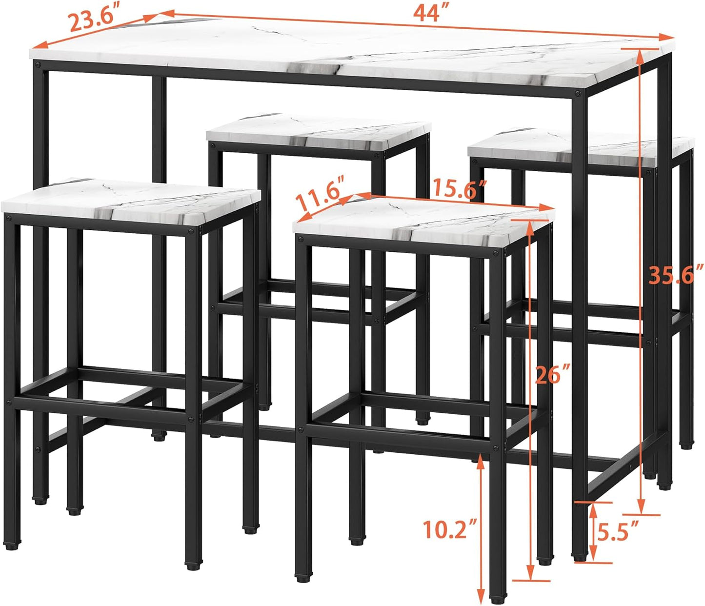 Yongchuang 5 Piece Bar Table Set, Kitchen Bar Table and Chairs Set of 4, Modern Metal Counter Height Table with Stools for Dining Room, Living Room Breakfast Table White Faux Marble Wood Top