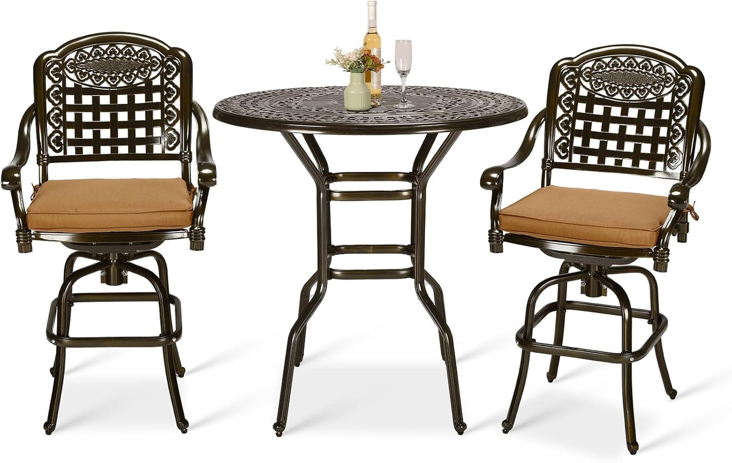 VIVIJASON 10-Piece High Patio Dining Set, All Weather Cast Aluminum Outdoor Bar Table and Chairs Set, Includes 8 Swivel Bar Stools & 64" Bar Height Dining Table with 35.5" Lazy Susan, Umbrella Hole