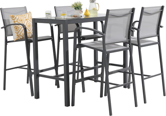 OC Orange-Casual 5-Piece Patio Bar Set, All-Weather Aluminum Textile Fabric Outdoor High Top Dining Table and Chairs, 4 Metal Bar Height Stools with Glass Top Bar Table, for Porch, Garden, Dark Grey